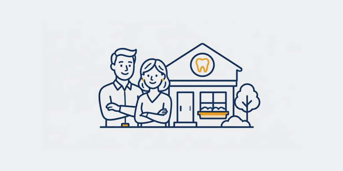 Illustration of two owners beside an independent neighborhood dental office.
