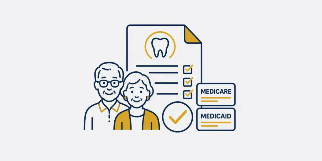 Illustration of senior patients with Medicare and Medicaid dental benefits documents.