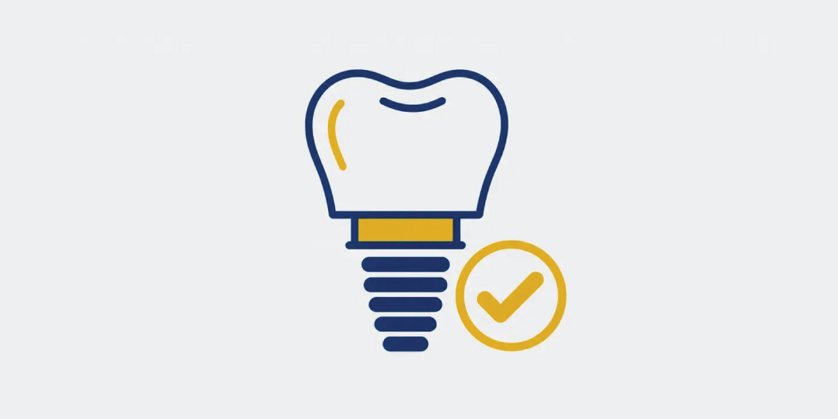 Navy and gold dental implant crown restoration icon on a light gray background