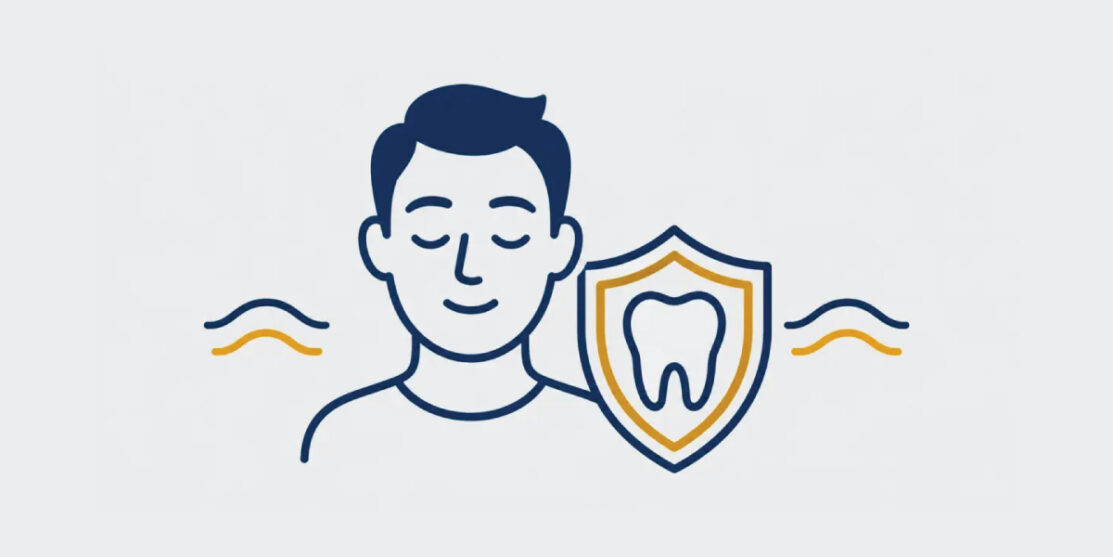 Navy and gold calm person and protected tooth icon representing relief from dental anxiety
