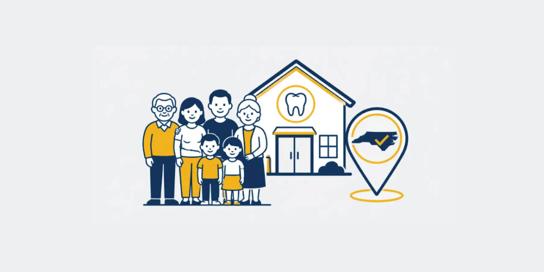 Navy and gold family dental office and location icon representing choosing a family dentist