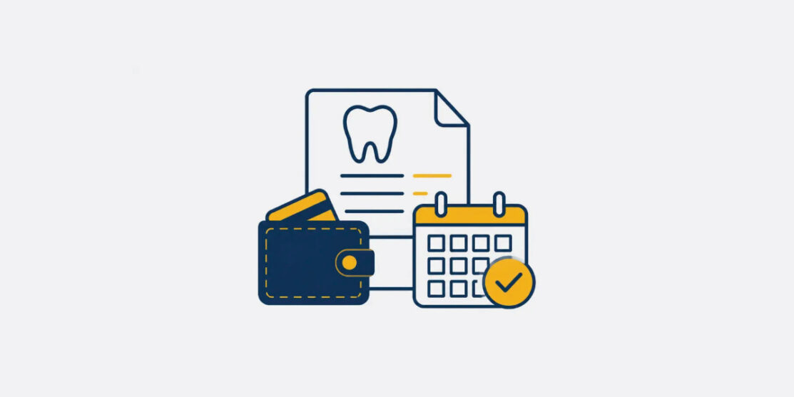 Navy and gold dental bill wallet and payment plan icon for self-pay dental care