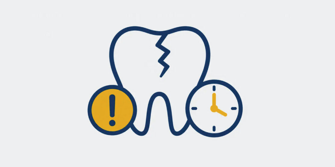 Navy and gold cracked tooth alert and clock icon representing an urgent dental concern