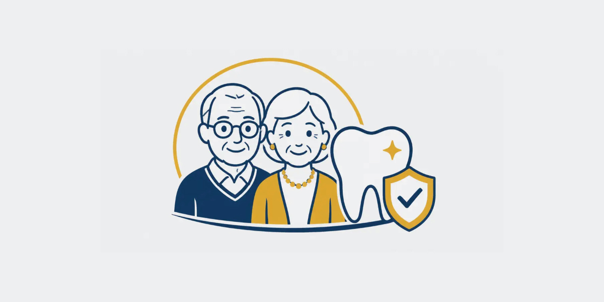 Navy and gold senior couple tooth and health shield icon representing dental care for older adults
