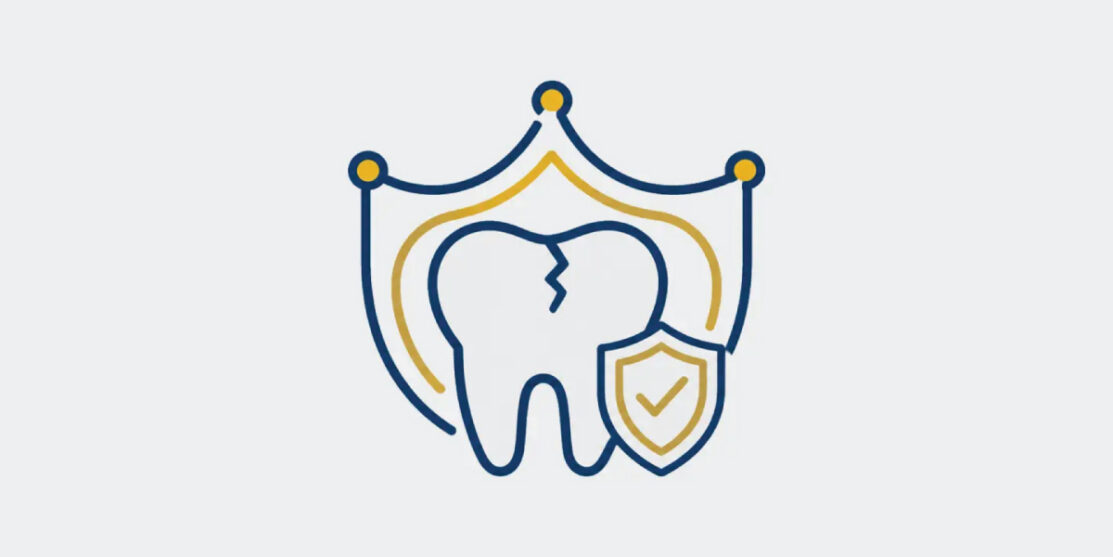 Line icon of a cracked tooth protected by a crown outline and shield