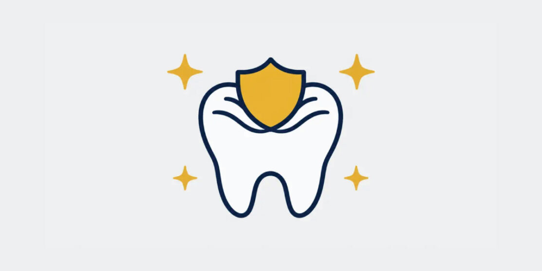 Navy and gold molar and shield icon representing dental sealant protection