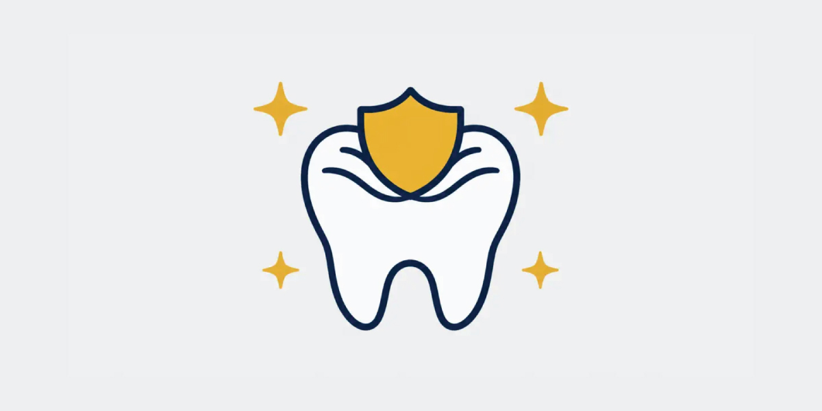 Navy and gold molar and shield icon representing dental sealant protection