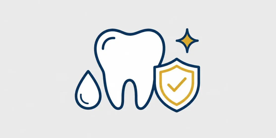 Navy and gold line icon of a healthy tooth, fluoride droplet, shield, and sparkle on a light gray background
