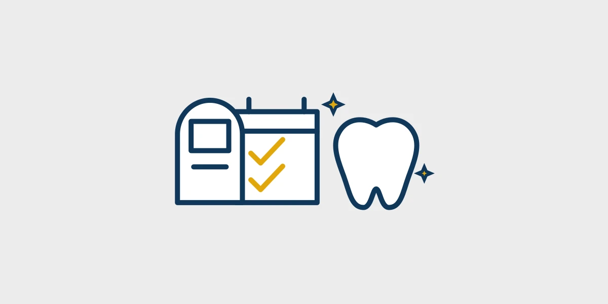 Navy and gold line illustration of a backpack, calendar, and tooth centered on a light gray background