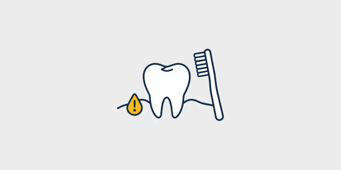 Tooth and gumline beside a soft toothbrush and warning droplet illustration
