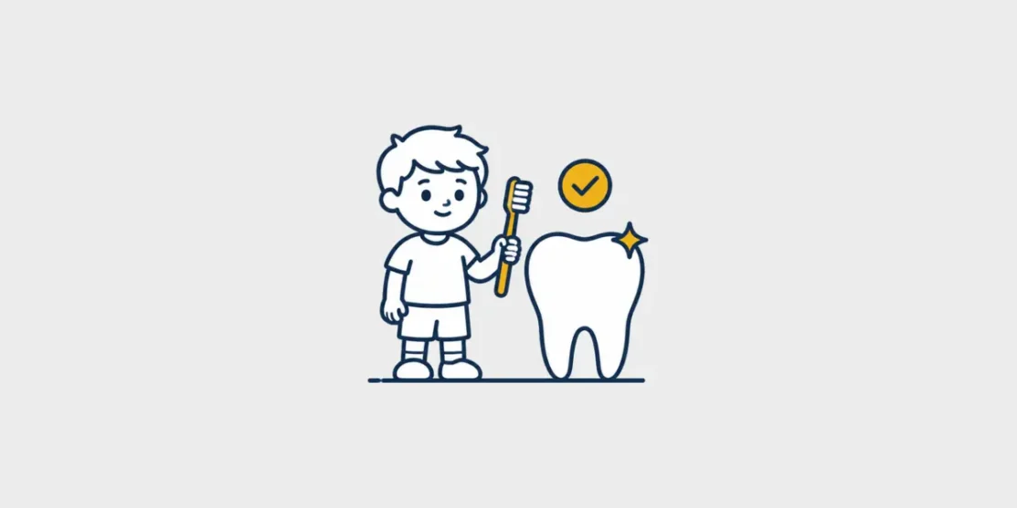 Child holding a toothbrush beside a tooth and check mark illustration