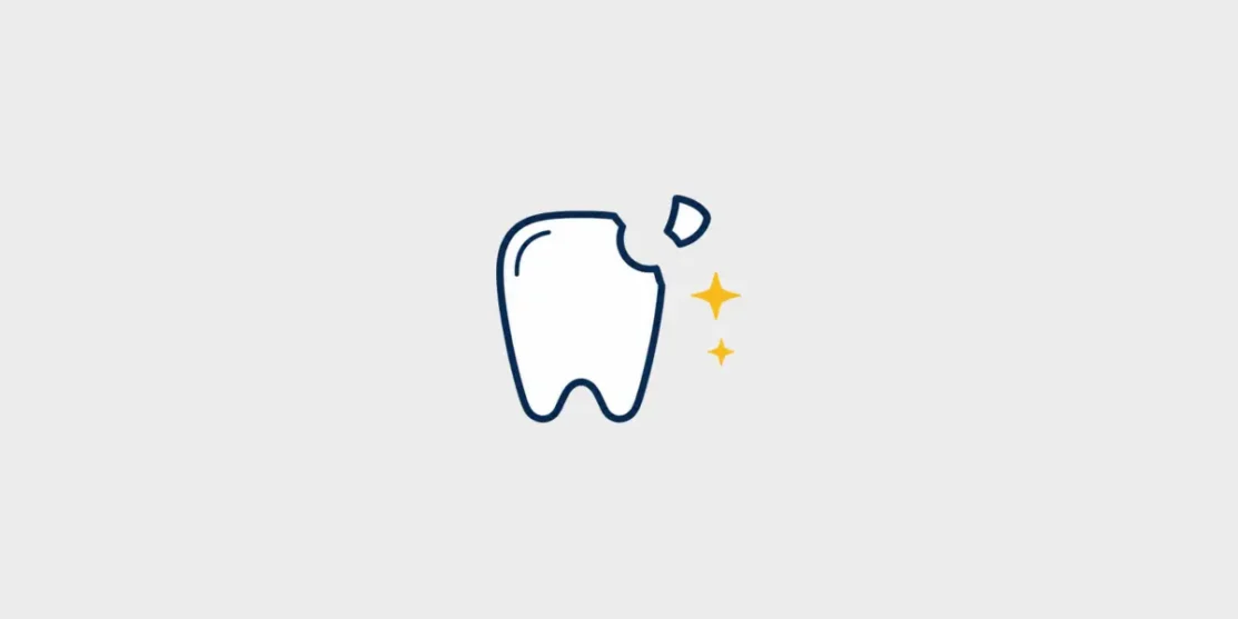 Navy and gold line icon of a chipped front tooth and matching fragment on a light gray background.