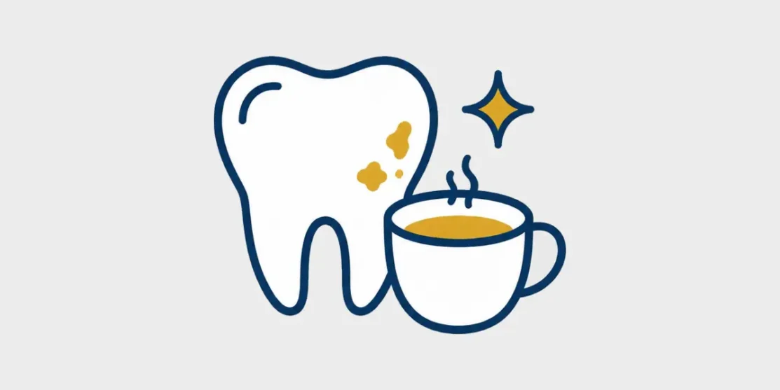 Navy and gold line icon of a coffee cup beside a tooth with small stain marks on a light gray background