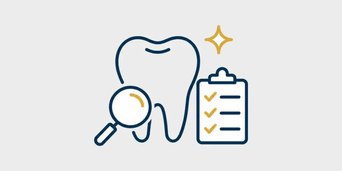 Line icon of a tooth with a magnifying glass, checklist, and gold sparkle