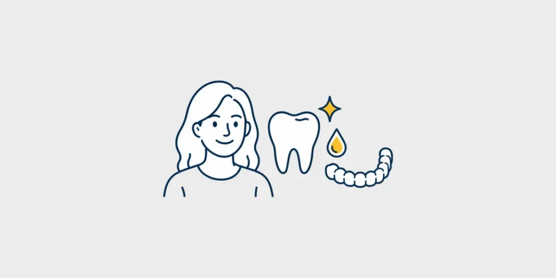 Navy and gold line icon of a smiling woman, tooth, aligner, and cosmetic planning symbols on a light gray background