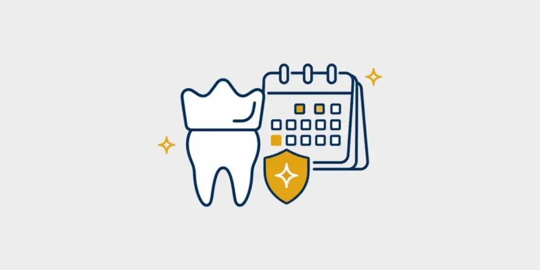 Navy and gold line icon of a crowned tooth beside a calendar and shield on a light gray background