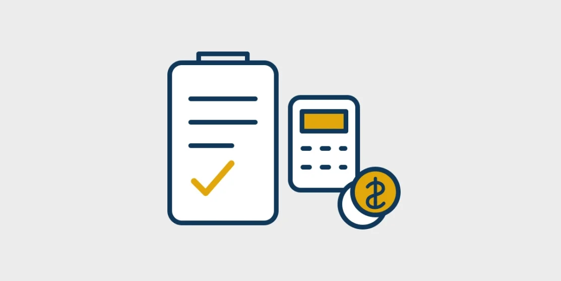 Dental cost planning represented by a benefit document, calendar, calculator, and coins