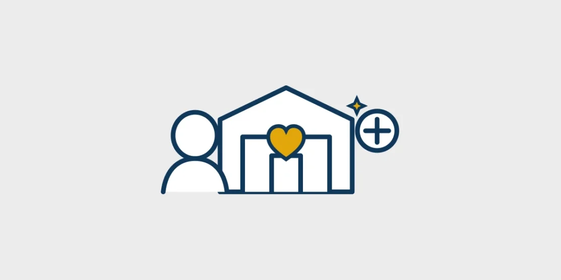 Navy and gold line illustration of a dental office welcoming a new patient, with an approved heart icon, centered on a light gray background