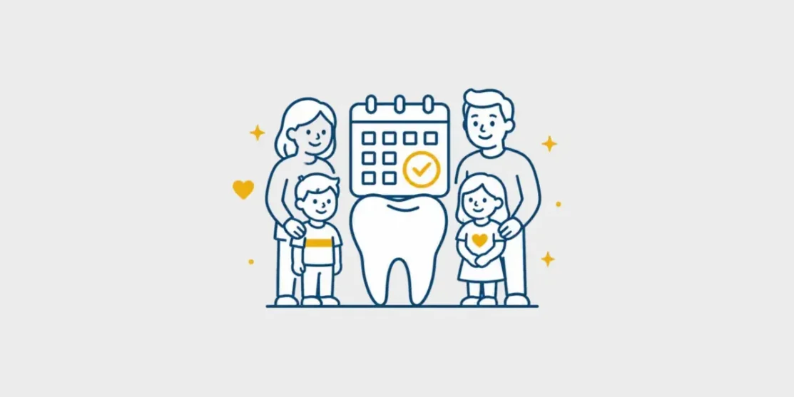 Navy and gold line icon of a family, tooth, and appointment calendar on a light gray background