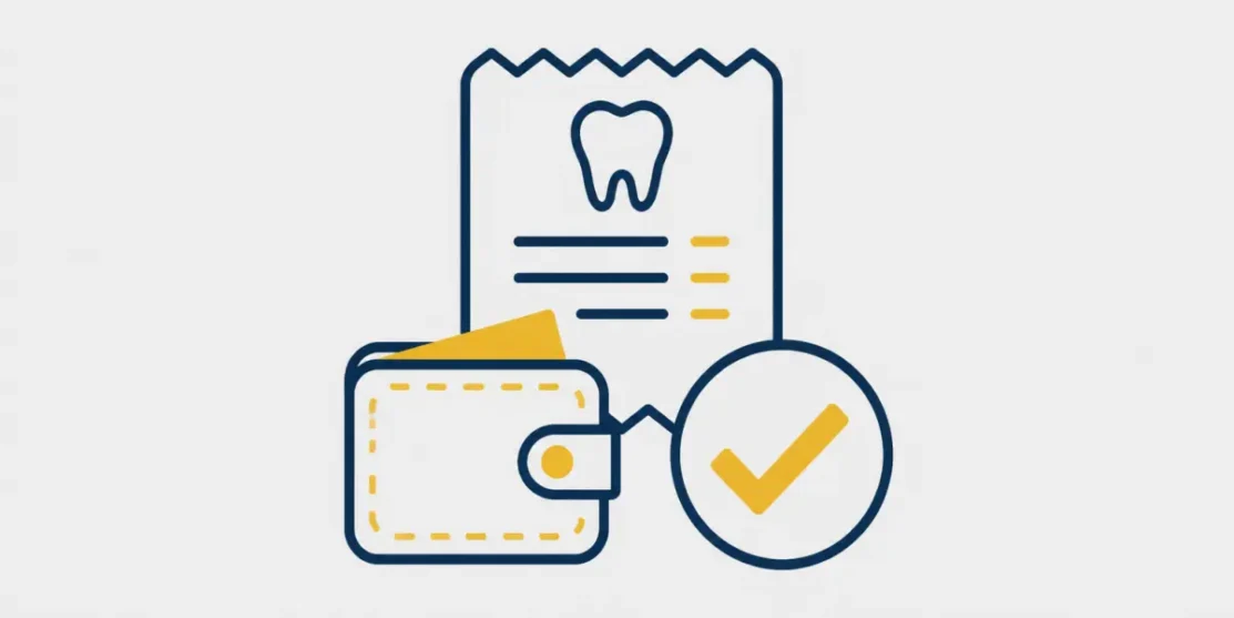 Navy and gold receipt wallet and checkmark icon representing fee-for-service dental care