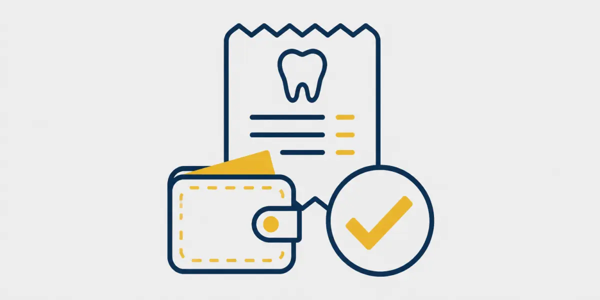 Navy and gold receipt wallet and checkmark icon representing fee-for-service dental care