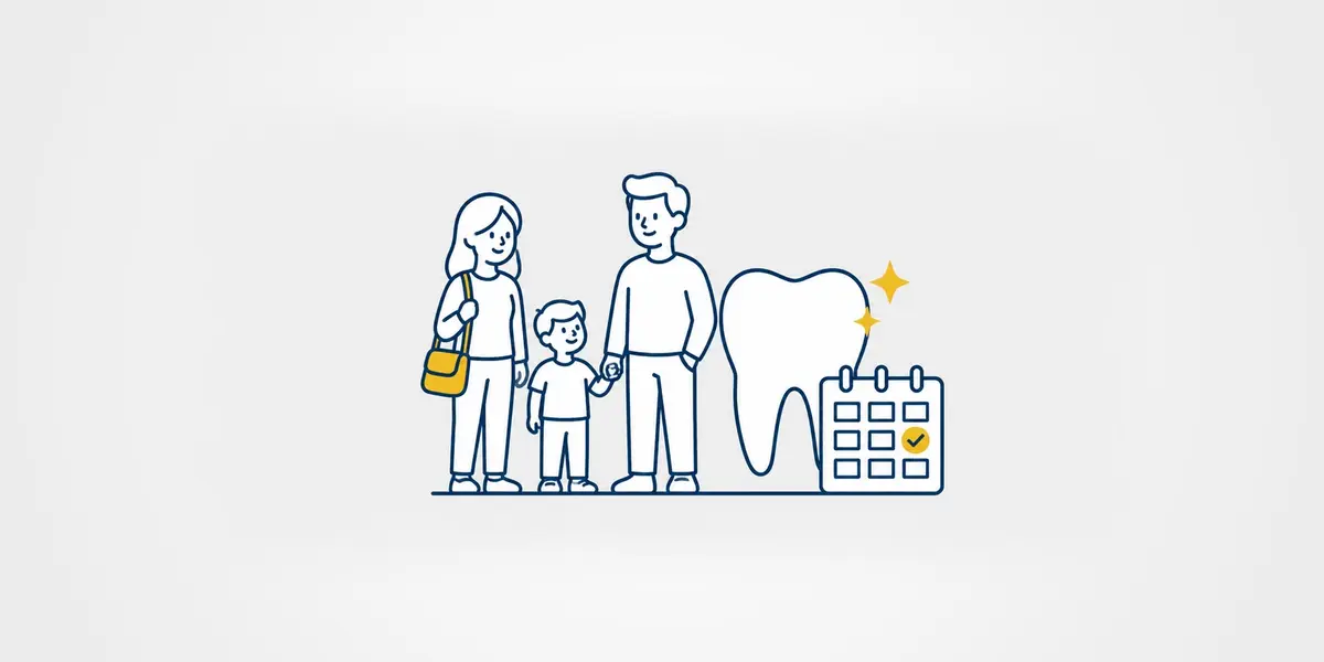 Family standing beside a tooth and appointment calendar illustration