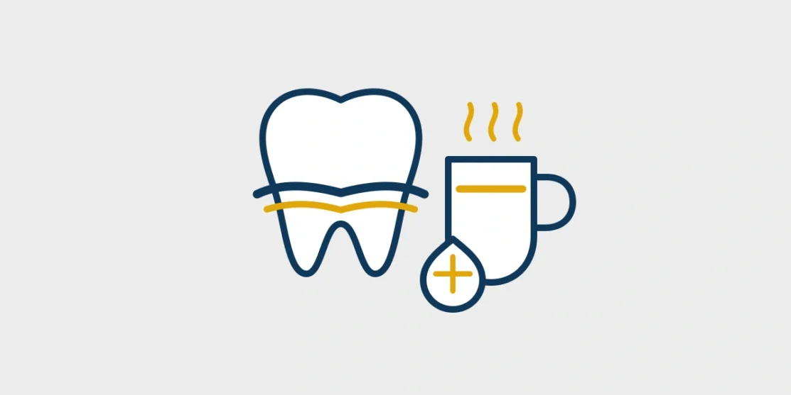 Tooth beside a coffee cup and water drop in a clean oral wellness illustration