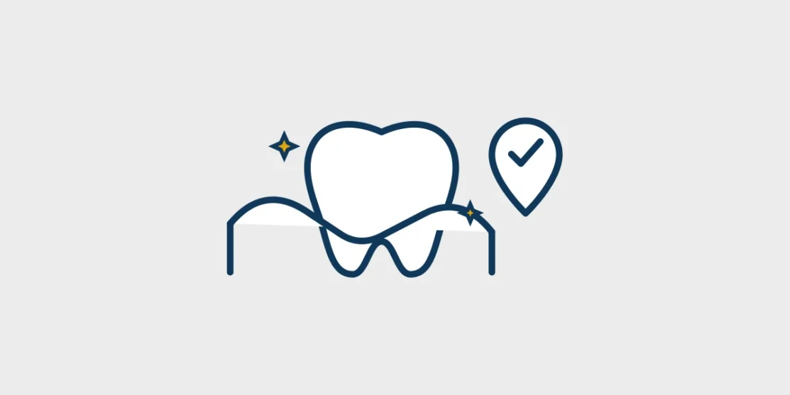 Navy and gold line illustration of a tooth supported by gentle hands with a check marker, centered on a light gray background