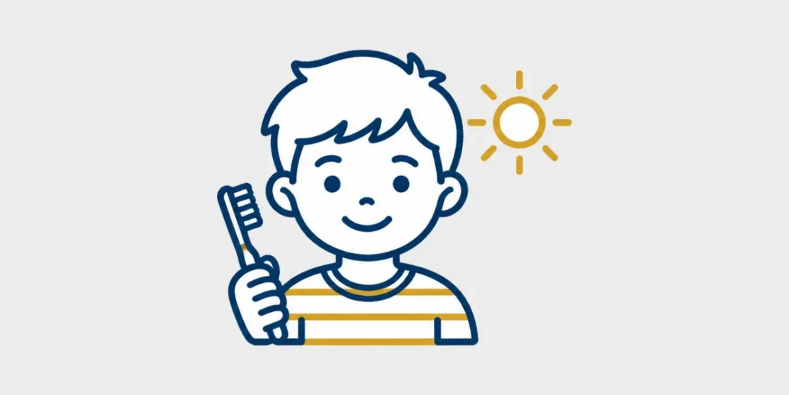 Line icon of a smiling child holding a toothbrush beside a summer sun