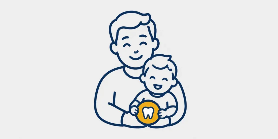 Illustration of a parent holding a toddler with a tooth symbol for a dental lap visit.