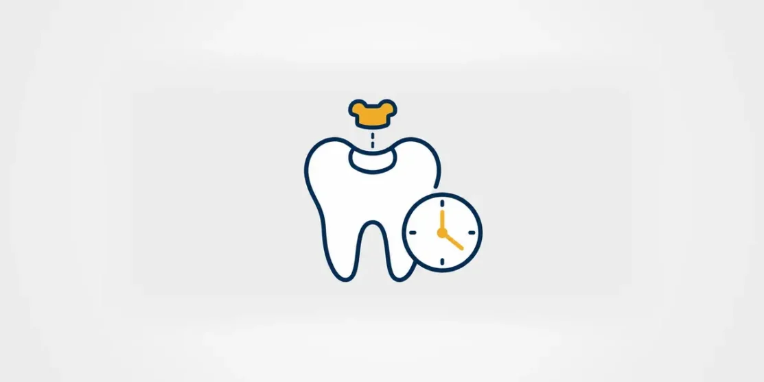 Tooth with a displaced filling beside a clock illustration