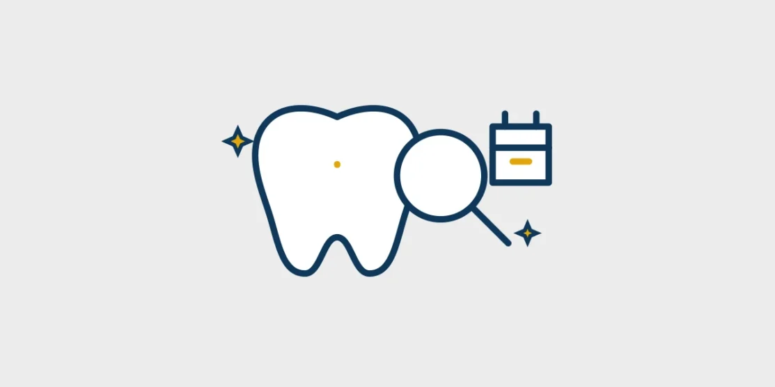 Navy and gold line illustration of a tooth, magnifying glass, and calendar centered on a light gray background