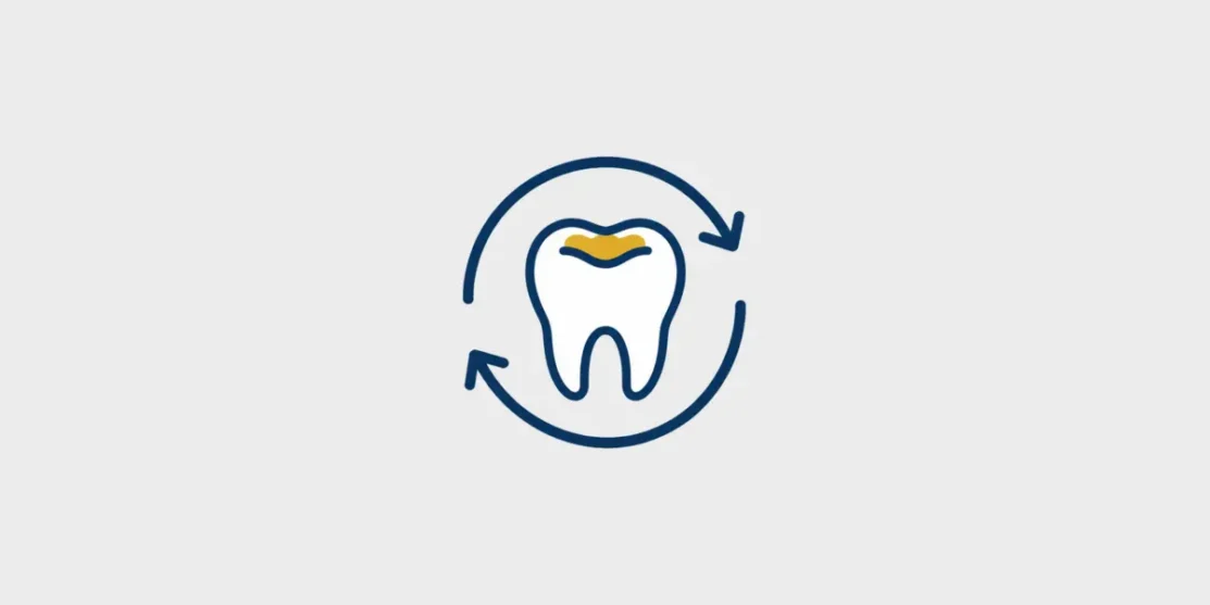 Navy and gold line icon of a filled tooth surrounded by renewal arrows on a light gray background.