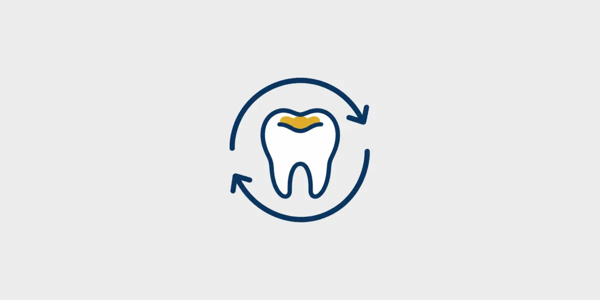Navy and gold line icon of a filled tooth surrounded by renewal arrows on a light gray background.