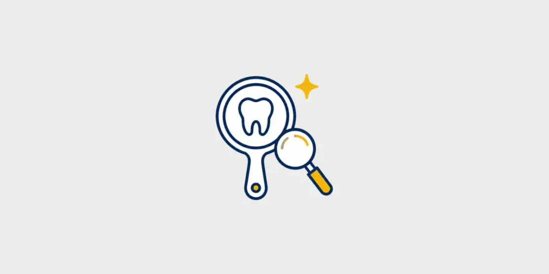 Navy and gold line icon of a hand mirror, tooth, and magnifying glass on a light gray background.