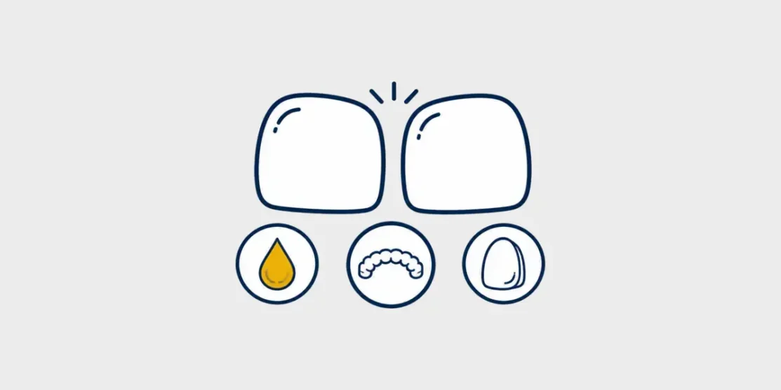 Navy and gold line icon of two teeth with a gap and symbols for bonding, aligners, and veneers on a light gray background