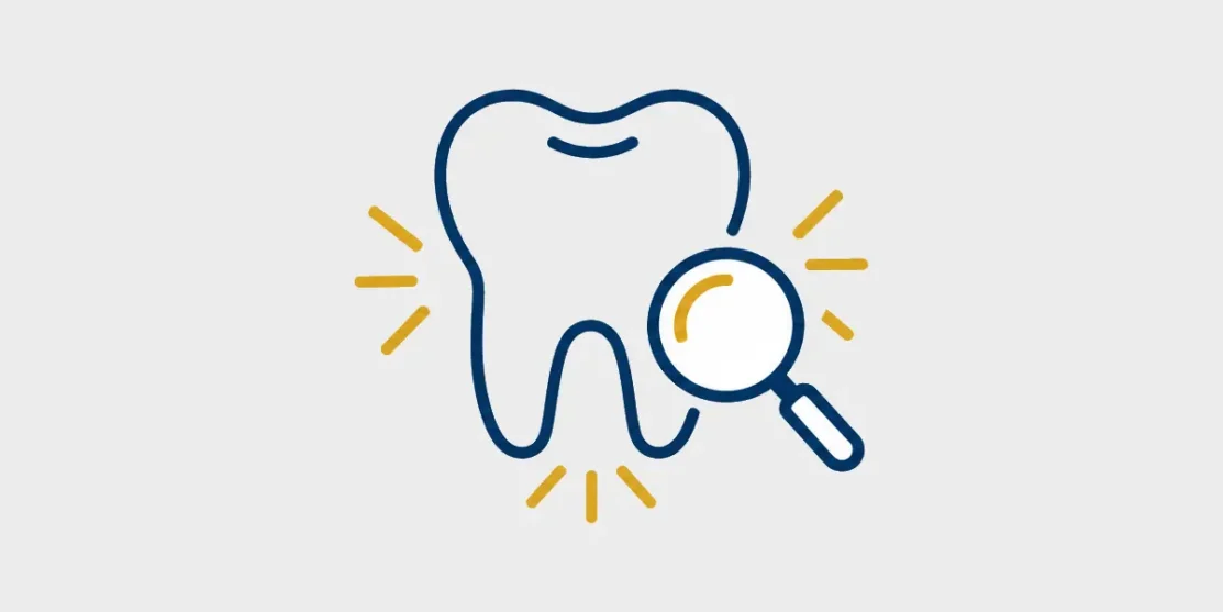 Line icon of an intact tooth with pressure lines and a magnifying glass