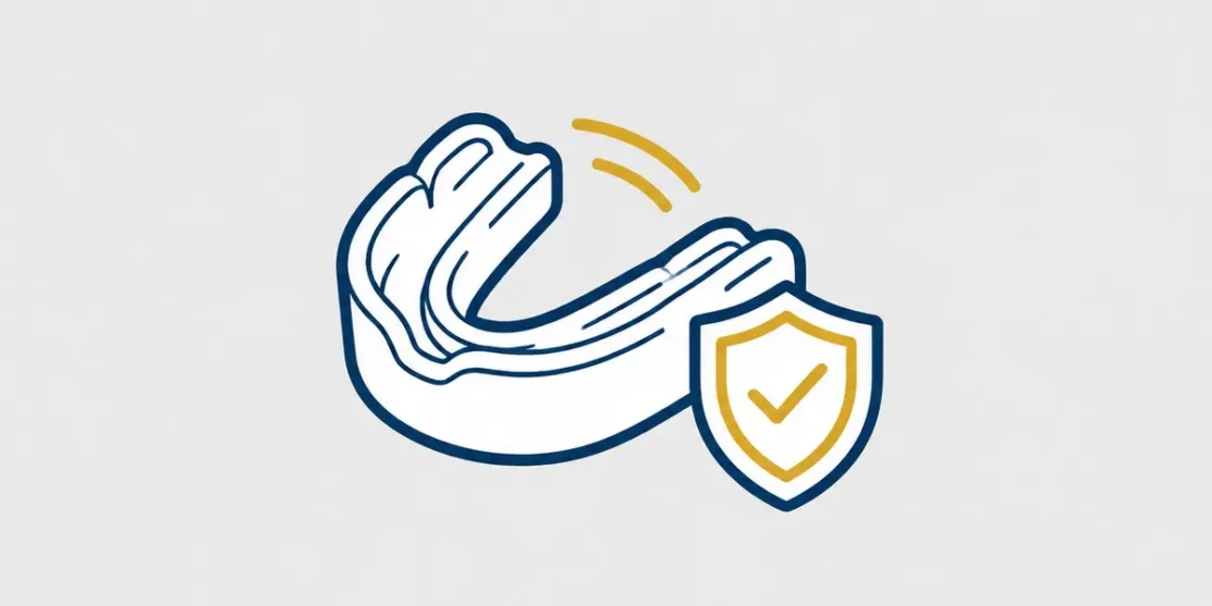 Navy and gold line icon of a sports mouthguard and protective shield on a light gray background