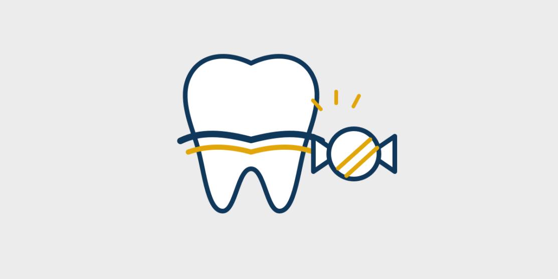 Tooth and wrapped sweet in a clean dental wellness illustration