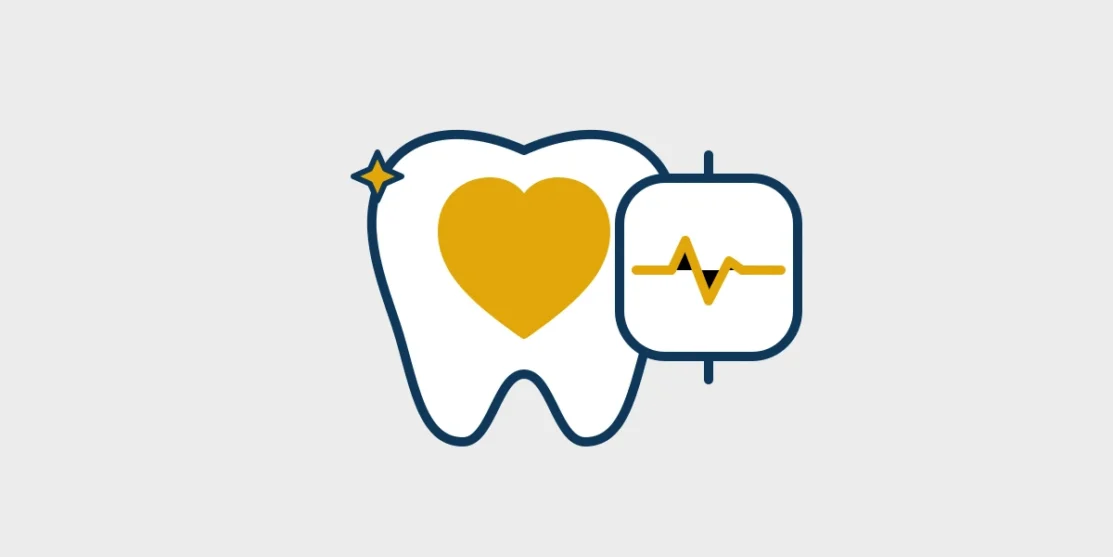 Navy and gold line illustration connecting a tooth, heart, and health monitor on a light gray background