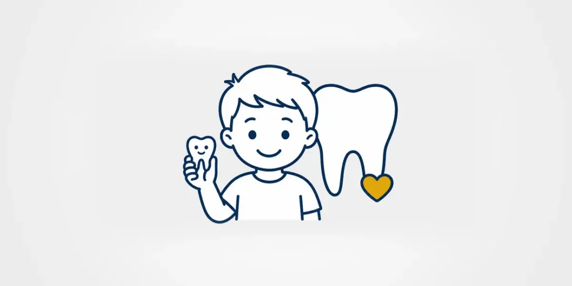 Child holding a baby tooth beside a larger tooth illustration