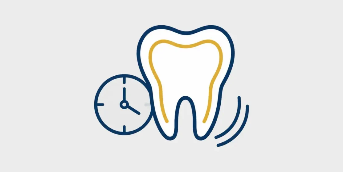 Navy and gold line icon of a tooth with layered enamel and warm dentin beside a subtle clock on a light gray background